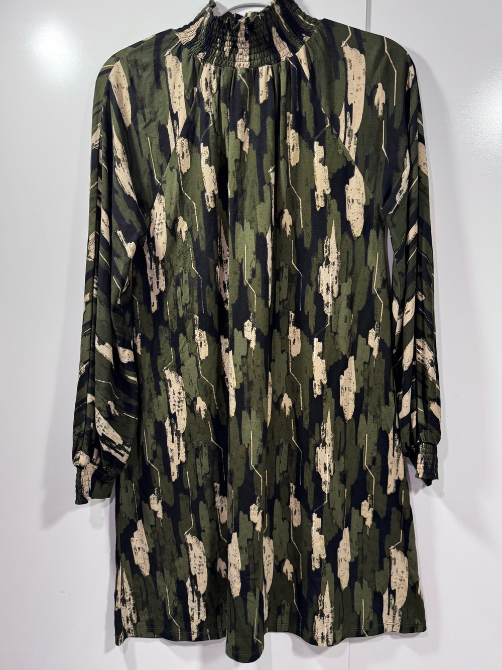 Bel Kazan Shift Dress, Olive Abstract Print, Smocked Neck, Long Sleeve.